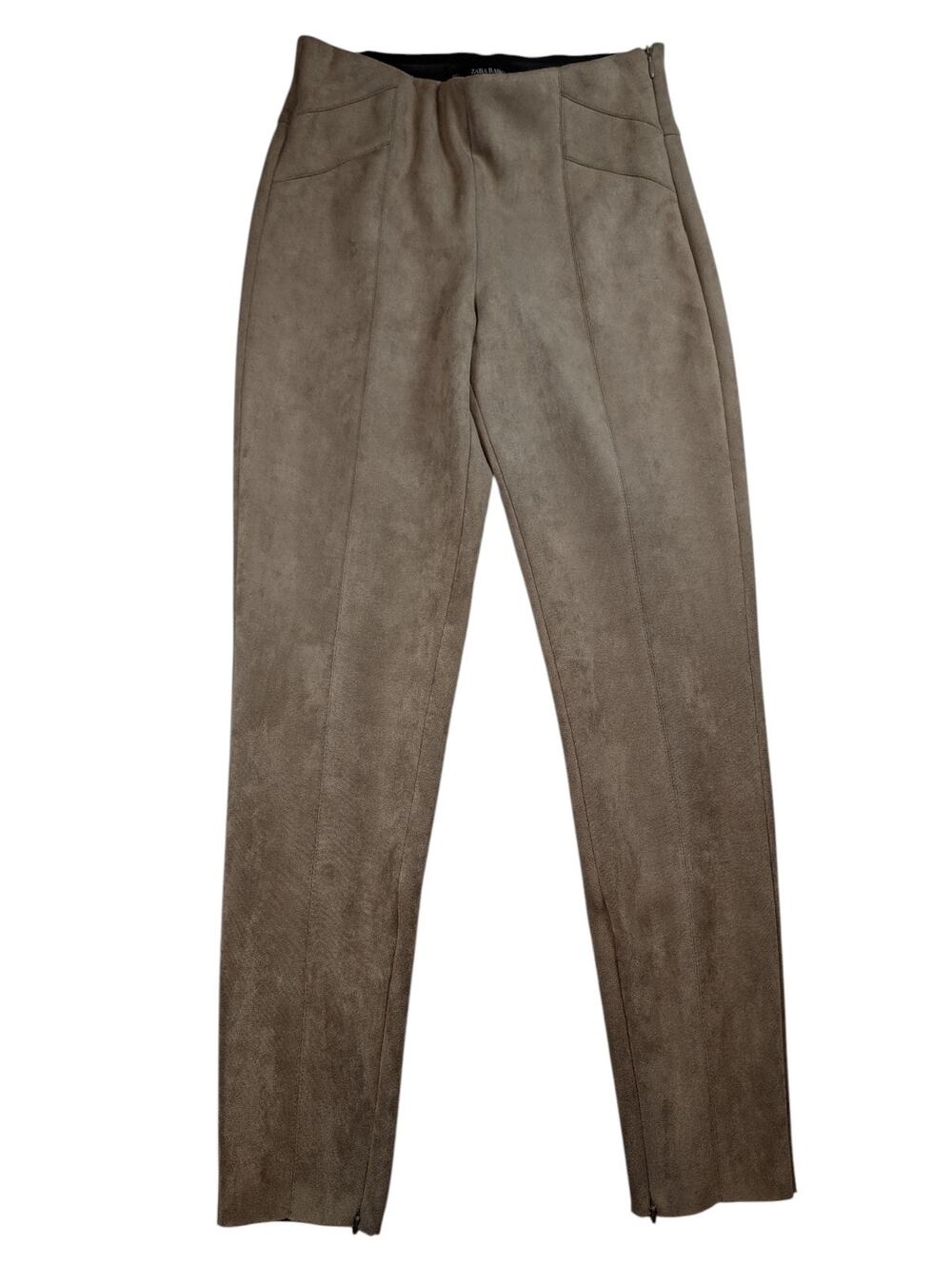 ZARA Faux Suede Legging Pants Beige Side Zip Raw Hem Stretch Womens Small